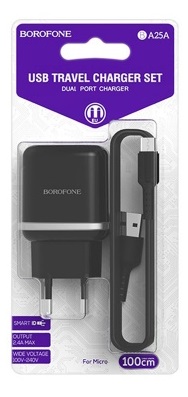 Блок питания сетевой 2 USB Borofone BA25A, 2400mA, 3000mA, кабель микро USB, цвет: чёрный
