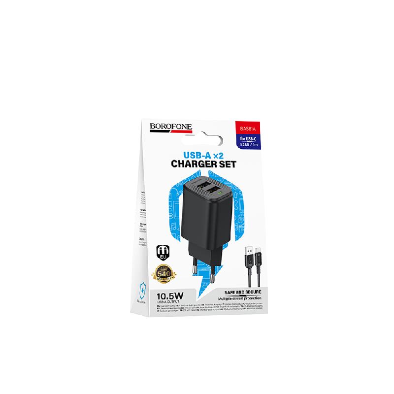 Блок питания сетевой 2 USB Borofone BAS81A, Star dual, 10,5 Вт, кабель USB - Type-C, 1.0м, цвет: черный
