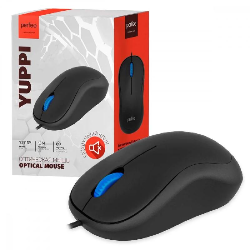Perfeo мышь оптическая, "YUPPI", бесшумная, 3 кн, кабель 1,8м, DPI 1000, USB, чёрн.