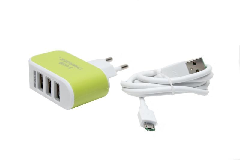 Сетевое зарядное устройство  Micro с 3 USB (3100mAh) в коробке, КОМПЛЕКТ (блок+кабель) (Зеленый)