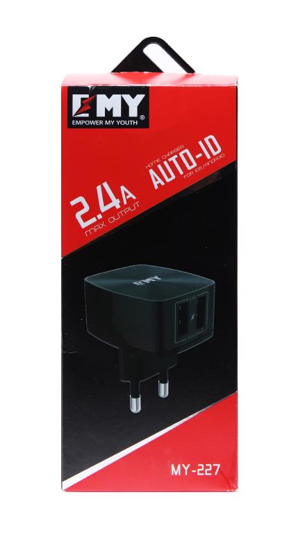 Сетевое зарядное устройство  Micro с 2USB 2.4А в коробке, КОМПЛЕКТ (блок+кабель) EMY (MY-227) плоский кабель (Белый)