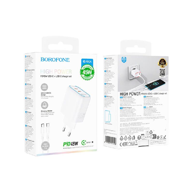 Блок питания сетевой 2 Type-C Borofone BA90A, Destello, 45Вт, PD45W/QC3.0/FCC/AFC, кабель Type-C-Type-C, 1,0м/60W, цвет: белый