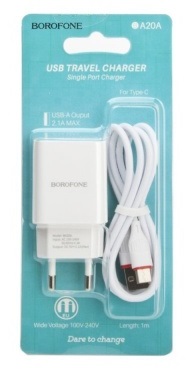 Блок питания сетевой 1 USB Borofone BA20A, Sharp, 2100mA, кабель Type-C, цвет: белый
