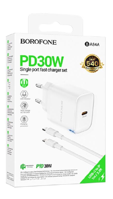 Блок питания сетевой Type-C Borofone BA84A, Flare star, QC3.0, PD 30Вт, кабель Type-C, 8-pin, 1.0м, цвет: белый