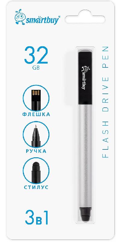 USB 2.0 накопитель Smartbuy 032 ГБ ручка-флэшка-стилус, серебристая, в блистере (SB032GB2SRTL)