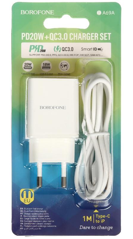 Блок питания сетевой 1 USB, 1 Type-C Borofone BA69A, Power, 3000mA, 20Вт, QC3.0, PD3.0, кабель 8 pin-Type-C, цвет: белый