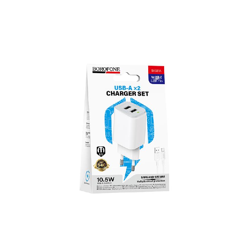 Блок питания сетевой 2 USB Borofone BAS81A, Star dual, 10,5 Вт, кабель USB - Type-C, 1.0м, цвет: белый