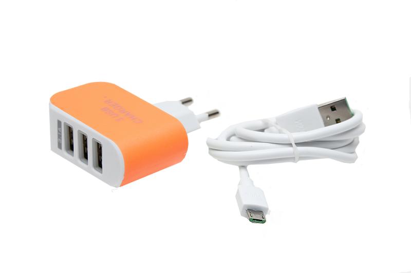 Сетевое зарядное устройство  Micro с 3 USB (3100mAh) в коробке, КОМПЛЕКТ (блок+кабель) (Оранжевый)