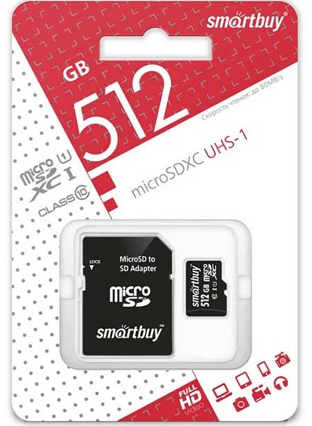 micro SDXC карта памяти Smartbuy 512 ГБ UHS-1, с адаптером SD