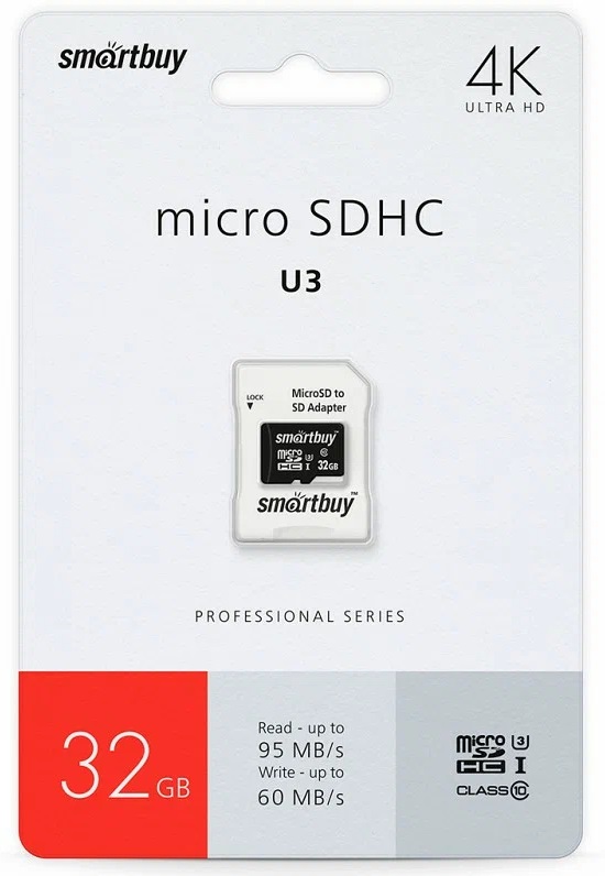 micro SDHC карта памяти Smartbuy 032 ГБ серия Pro U3/A1/V30, 95/60 МБ/с, с адаптером SD