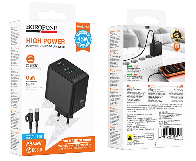 Блок питания сетевой 1 USB, 1 Type-C Borofone BAS16A, Erudite, 45 Вт, PD/QC/FCC/AFC/FCP, кабель Type-C 1.0м 60W, цвет: черный