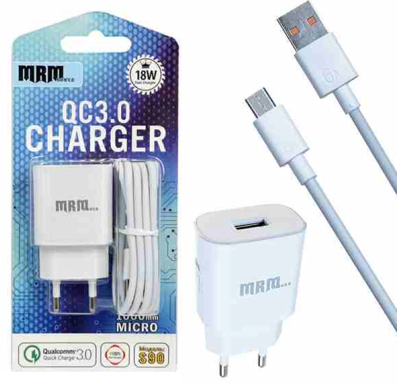 Сетевое зарядное устройство Micro с USB+кабель  QC3.0  (быстрая зарядка) MRM S90m, 1м, 18W (Белый)