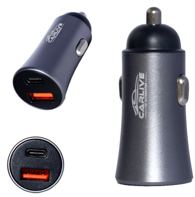 Автомобильное зарядное устройство +USB  + USB-C PD &quot;CarLive&quot; ( MR66)  5V/3.1A (Серый)