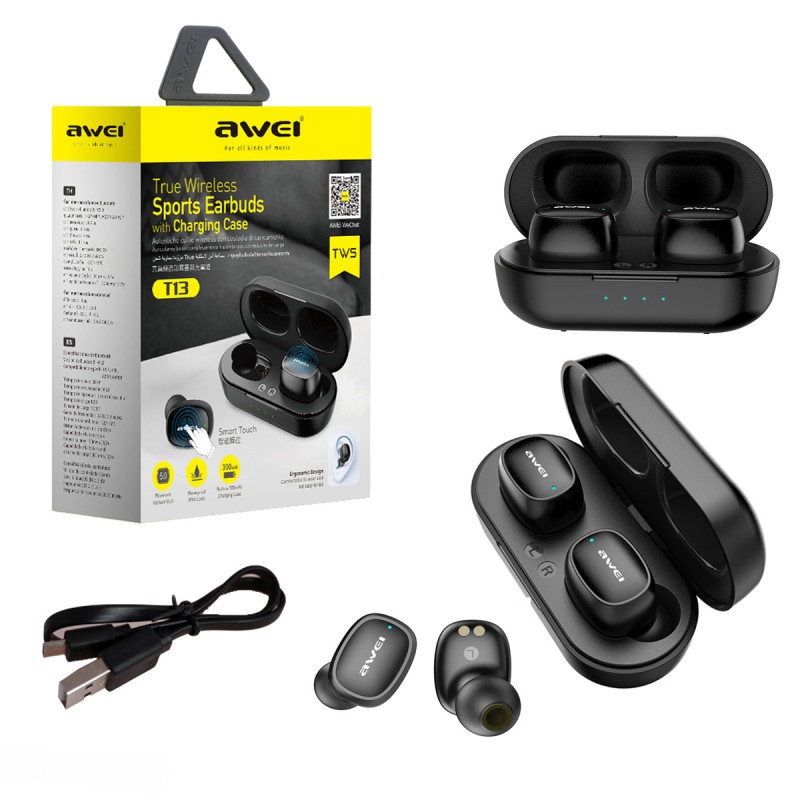 Беспроводные наушники AWEI AirPods T13 (сенсорные) TWS Sports Earbuds (Чёрный)