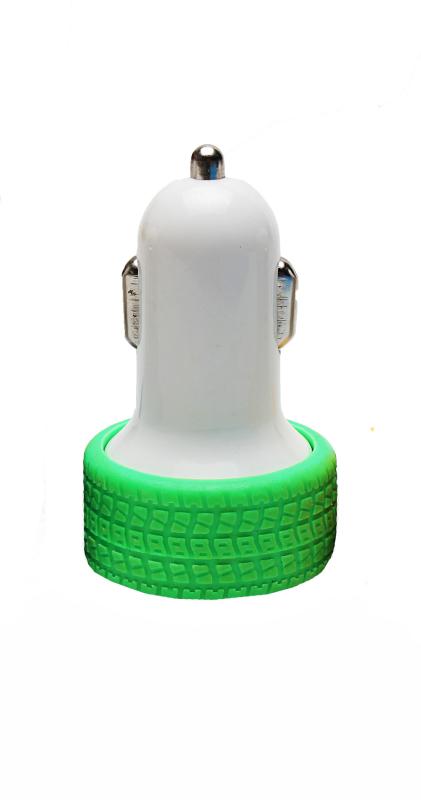 Автомобильное зарядное устройство для телефона с 2USB 2.1 /1.0 A  с подсветкой (колесо) D518 (Зеленый)