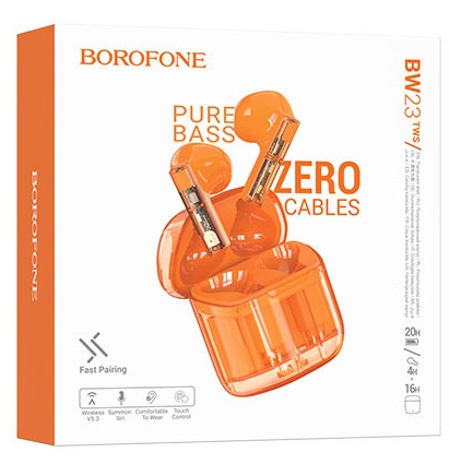 Наушники внутриканальные Borofone BW23, Crystal, Bluetooth, TWS, цвет: оранжевый