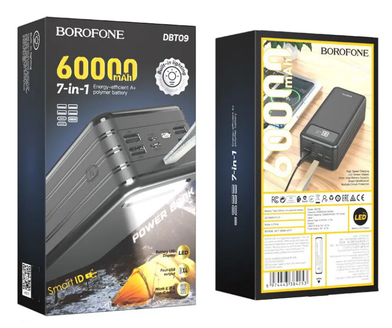 Портативный аккумулятор  BOROFONE DBT09 60000 mAh, фонарик, 4USB (Type-C, micro USB, 8pin) с экраном