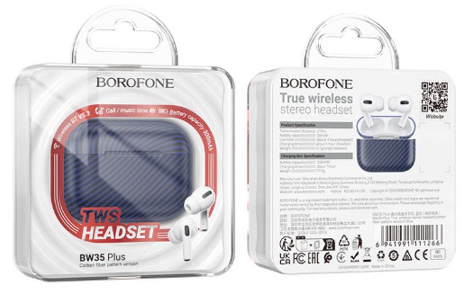 Наушники внутриканальные Borofone BW35 Plus, True, Bluetooth, TWS, цвет: синий, карбон