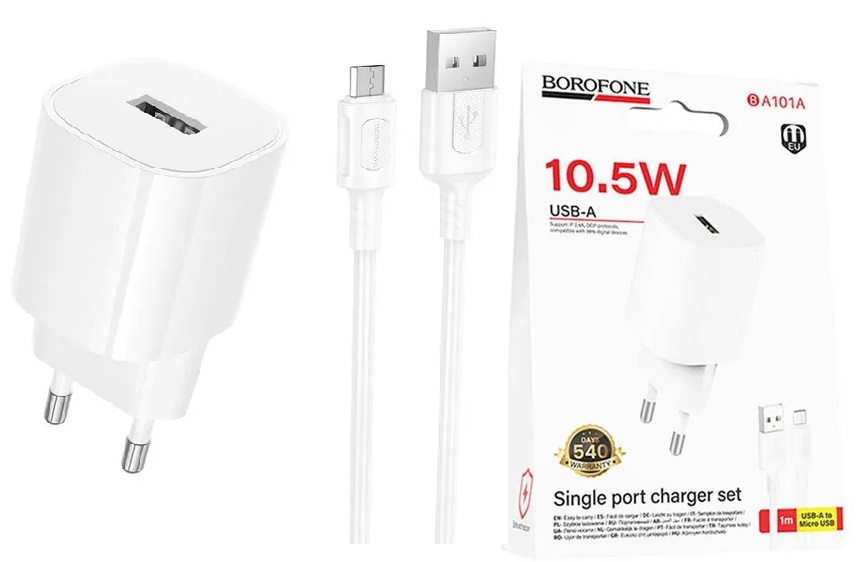 Комплект BOROFONE BA101A СЗУ USB 2.1A + кабель  micro-USB, 1м (Белый)