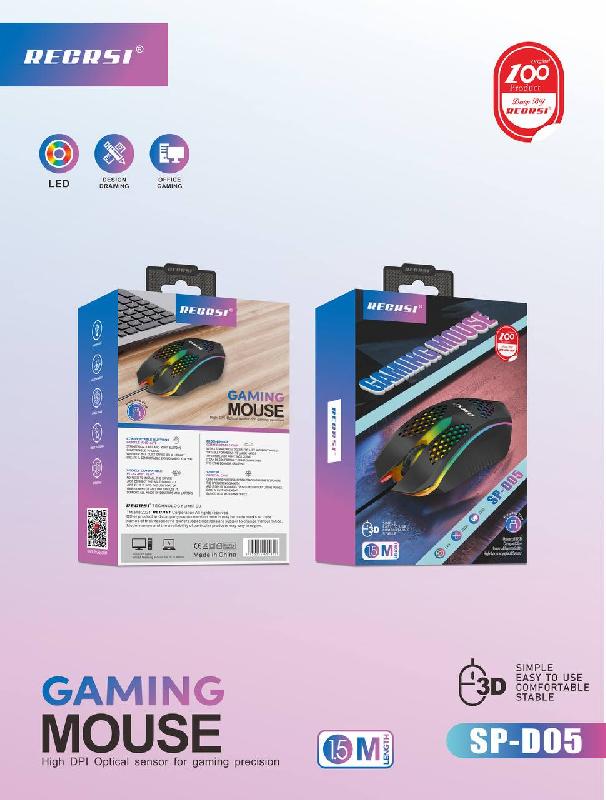 Мышь оптическая провод. USB RECRSI SP-D05 1200DPI с подсветкой игровой дизайн (Чёрный)