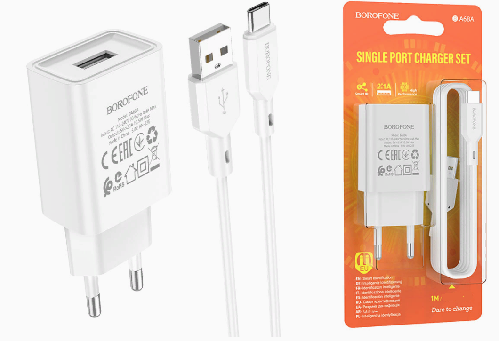 Комплект BOROFONE Cетевое зарядное устройство + кабель  micro-USB, USB, 2.1A   B-A68A 1м (Белый)
