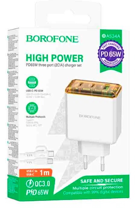 Блок питания сетевой 1 USB, 2 Type-C Borofone BAS34A, Treasure, 5V, 3.0A, PD 65Вт, кабель Type-C, Type-C, 1.0м, цвет: белый
