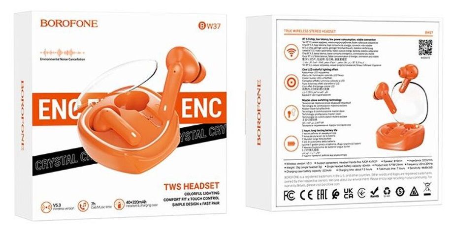 Наушники внутриканальные Borofone BW37, Amused, Bluetooth, TWS, цвет: оранжевый