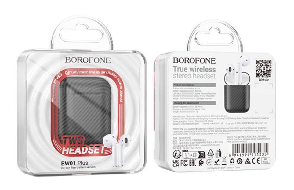 Наушники внутриканальные Borofone BW01 Plus, Bluetooth, TWS, цвет: чёрный, карбон