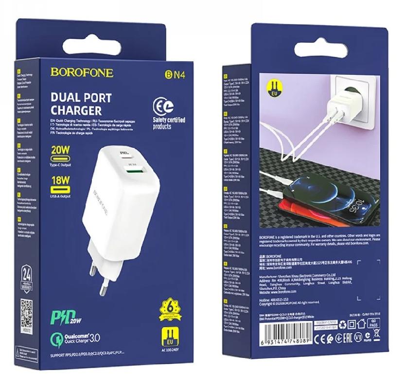Блок питания сетевой 1 USB, 1 Type-C Borofone BN4, 3000mA, 18Вт, QC3.0, QC2.0, FCP, SCP, AFC, PD3.0, цвет: белый