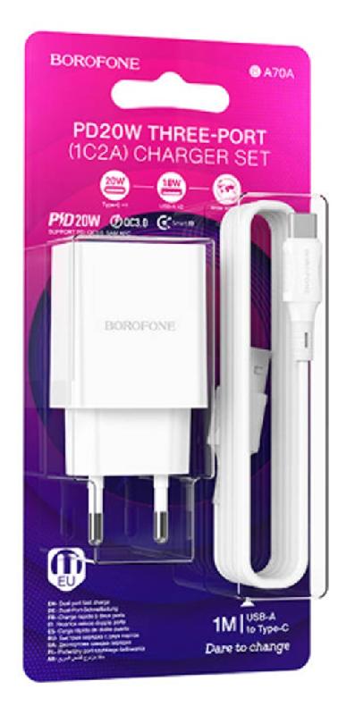 Блок питания сетевой 2 USB, 1 Type-C Borofone BA70A, Quick, 20Вт, PD/ QC/ FCP/ AFC, кабель USB - Type-C, цвет: белый