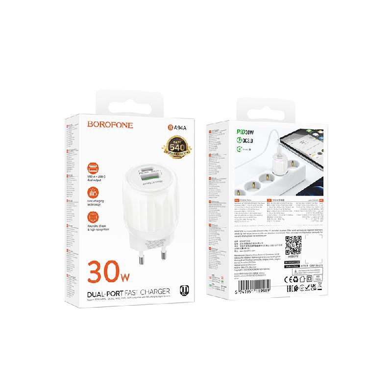 Блок питания сетевой 1 USB, Type-C Borofone BA94A, Lustrous, 30W, PD/QC3.0/FCP/AFC, цвет: белый, (арт.6941991119989)