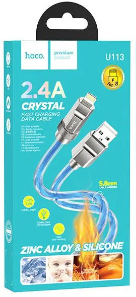 Кабель lightning 5/5S/6/6S 8 pin, HOCO U113, 1 м,2,4 A, 5.8mm, Zinc Alloy Silicone (Синий)