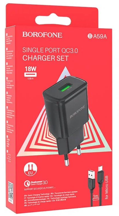 Блок питания сетевой 1 USB Borofone BA59A, Heavenly, 3000mA, 18Вт, QC3.0, кабель микро USB, цвет: чёрный