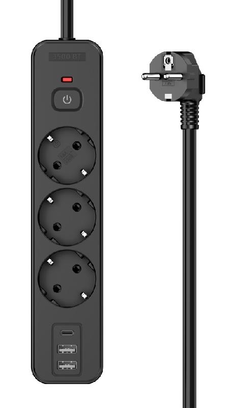 Perfeo сетевой фильтр "REAL HOME" 5,0м, 3 розетки, 2USB+1TYPE-C, 16А, 3500 Вт,тройная защита,черный.
