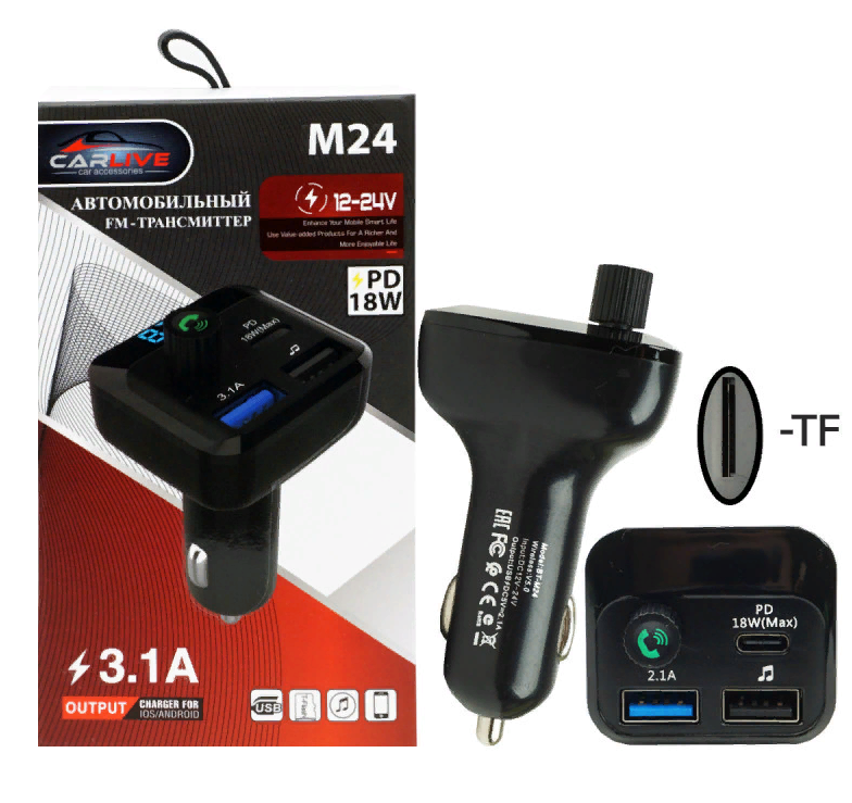 FM модулятор BT-M24+PD 18W Bluetooth( micro SD, 2 USB(USB с функцией зарядки 2,1А), дисплей) 