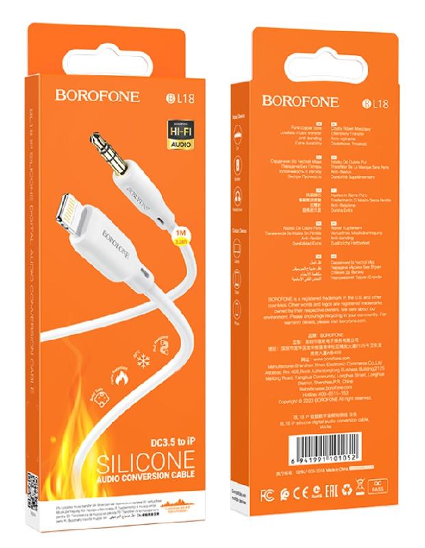 Кабель AUX, Jack 3,5mm(m) - 8 pin(m) Borofone BL18, 1.0м, цвет: белый