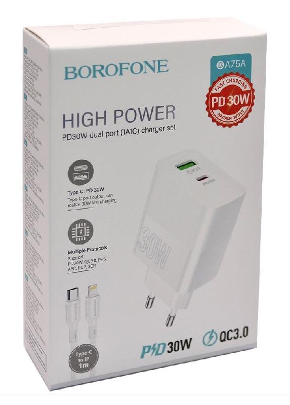 Блок питания сетевой 1 USB, 1 Type-C Borofone BA75A, Source, 30Вт, PD/ QC/ FCP/ AFC, кабель Type-C-8-pin, цвет: белый