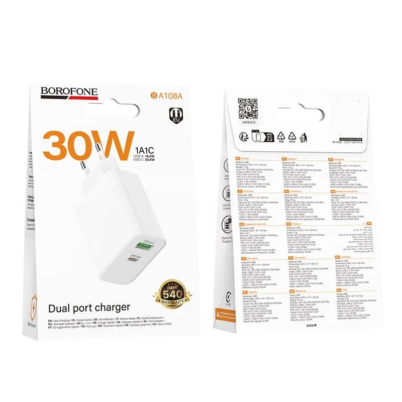 СЗУ BOROFONE BA108A USB+USB-C 18W+PD30W (Белый)