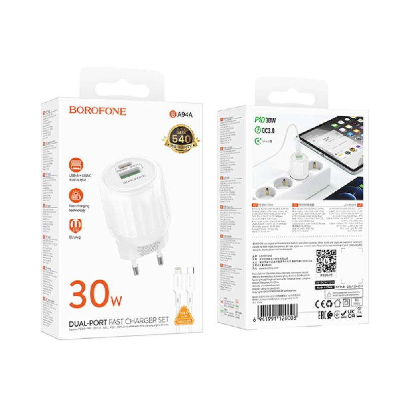 Блок питания сетевой 1 USB, Type-C Borofone BA94A, Lustrous, 30W, PD/QC3.0/FCP/AFC, кабель 8 pin-Type-C, 1,0 м, цвет: белый, (арт.6941991120008)
