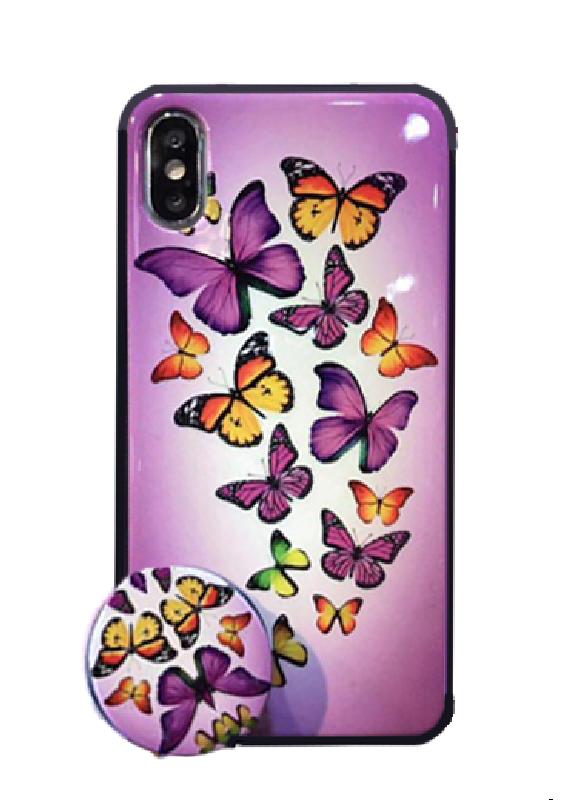 Накладка имитация стекла с силиконовыми краями и с поп сокетом для iPhone 6/6S (&quot;Бабочки&quot;, светло-фиолетовый)