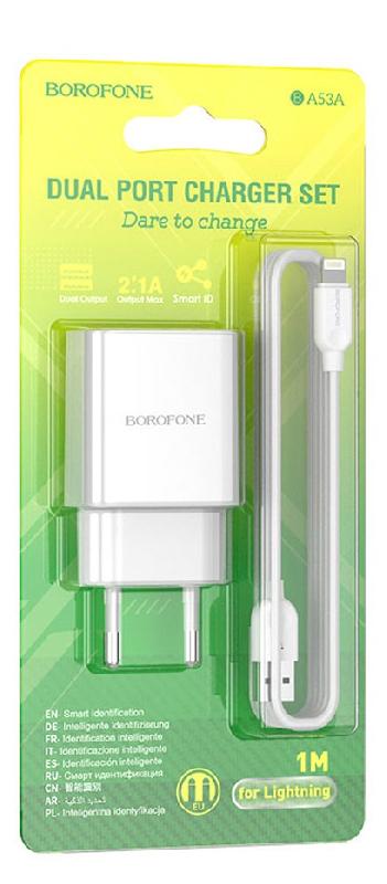 Блок питания сетевой 2 USB Borofone BA53A, Powerway, 2100mA, кабель 8 pin, цвет: белый