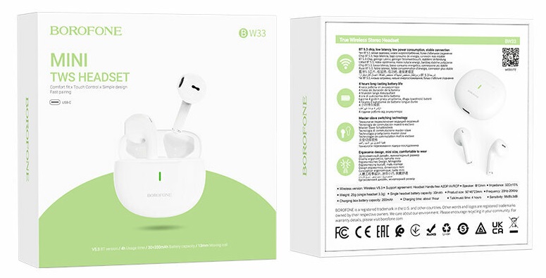 Наушники внутриканальные Borofone BW33, Handsome, Bluetooth, TWS, цвет: белый