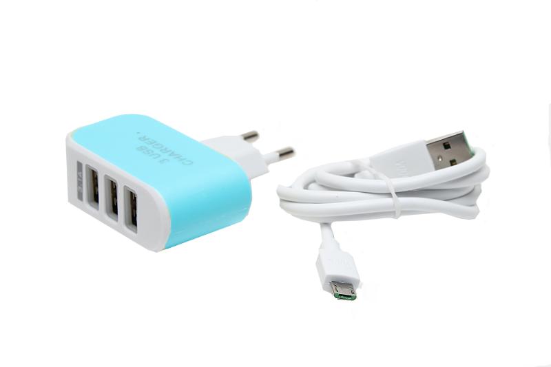 Сетевое зарядное устройство  Micro с 3 USB (3100mAh) в коробке, КОМПЛЕКТ (блок+кабель) (Голубой)