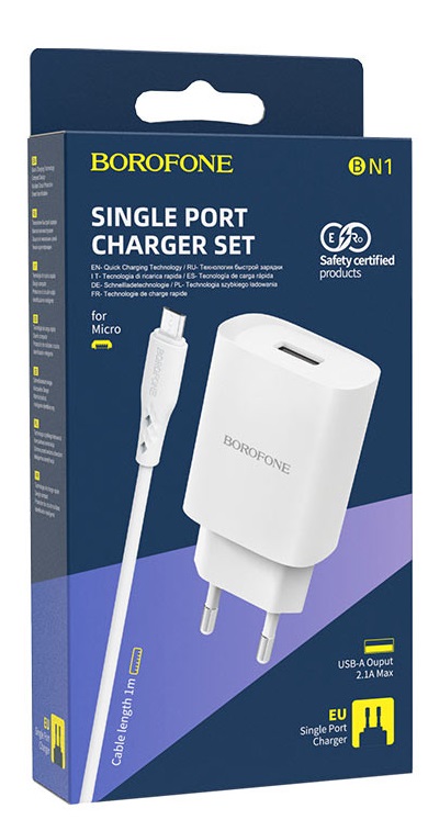 Блок питания сетевой 1 USB Borofone BN1, 2100mA, кабель микро USB, цвет: белый