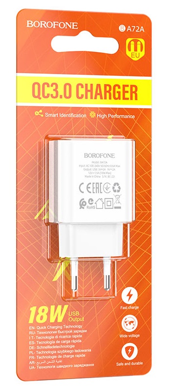 Блок питания сетевой 1 USB, 1 Type-C Borofone BA88A, Navy, QC3.0, PD 20Вт, цвет: белый