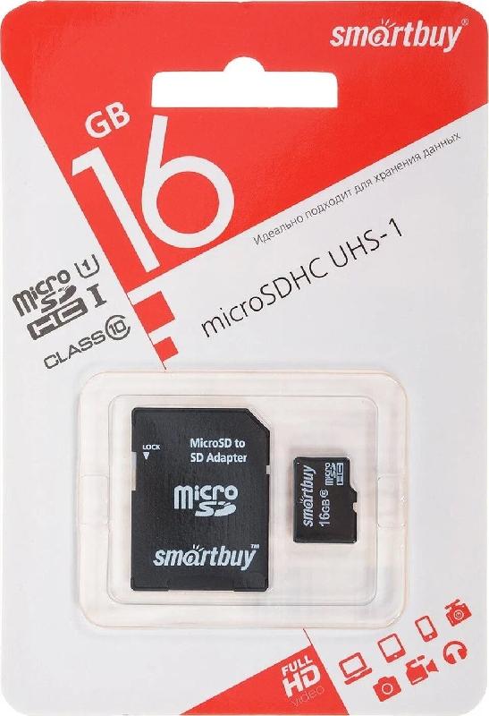 micro SDHC карта памяти Smartbuy 016 ГБ UHS-1, с адаптером SD