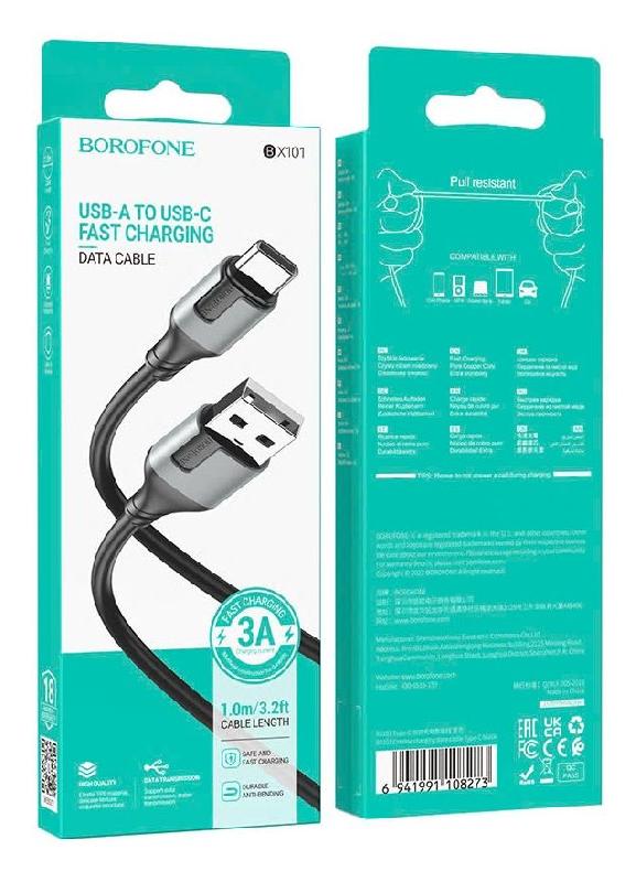 Кабель USB - Type-C Borofone BX101 Creator, 1.0м, 2.4A, цвет: чёрный, серая вставка