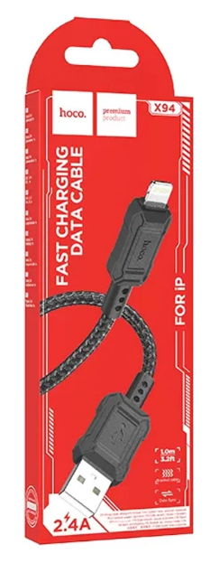 Кабель lightning 5/5S/6/6S 8 pin, HOCO Х94, 1 метр, 2.4A текстильный кабель, пластик.нак. Data cable (Чёрный)