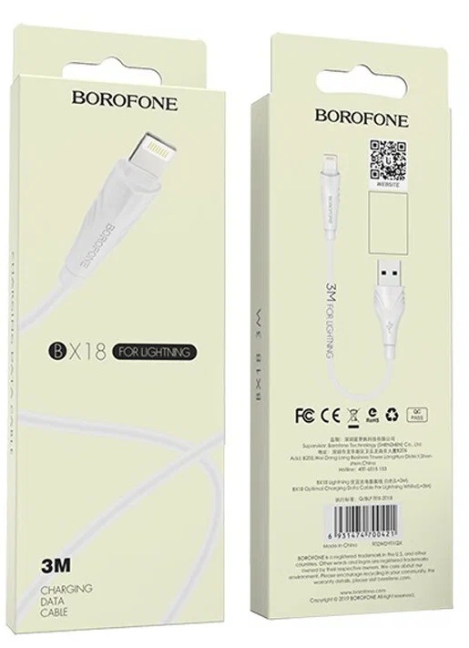 Кабель USB - 8 pin Borofone BX18 Optimal, 3.0м, 2.4A, цвет: белый