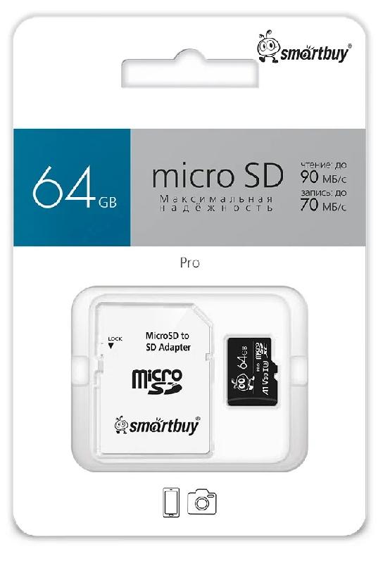 micro SDXC карта памяти Smartbuy 064 ГБ серия Pro U3/A1/V30; 90/70 МБ/с, с адаптером SD